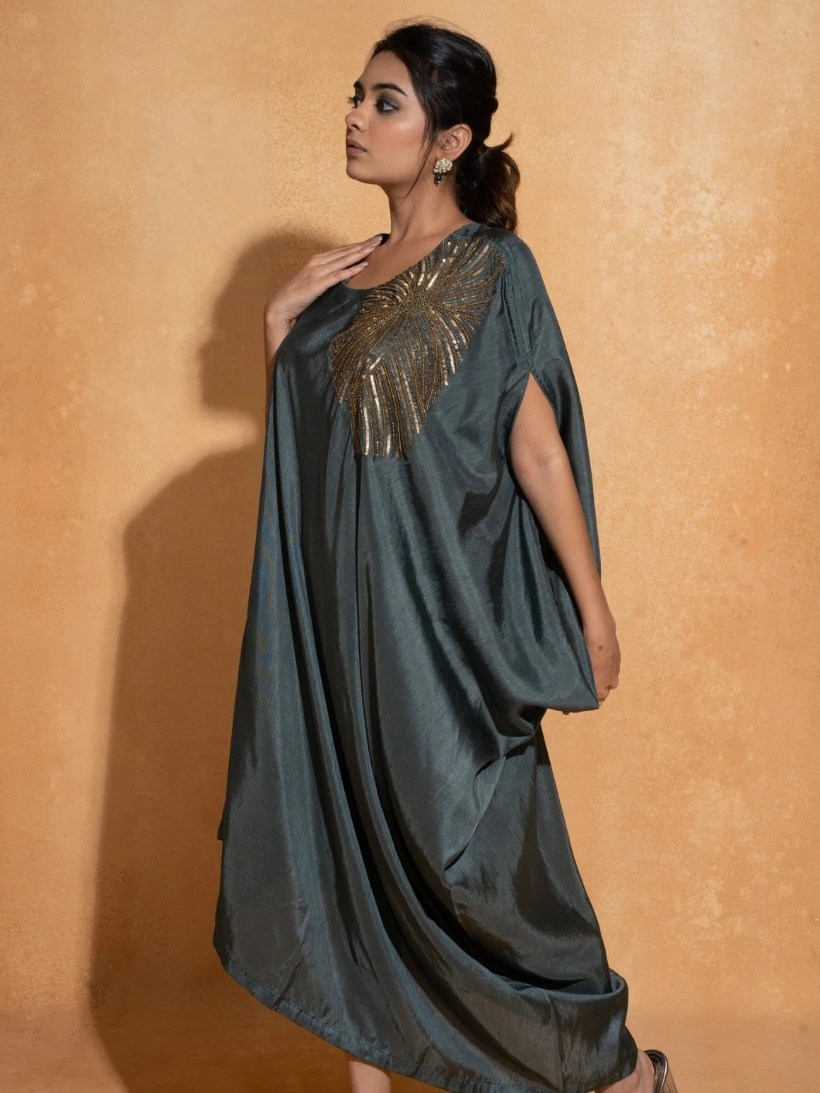 Steel Blue Side Embroidery Kaftan