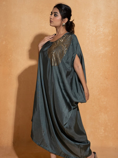 Steel Blue Side Embroidery Kaftan