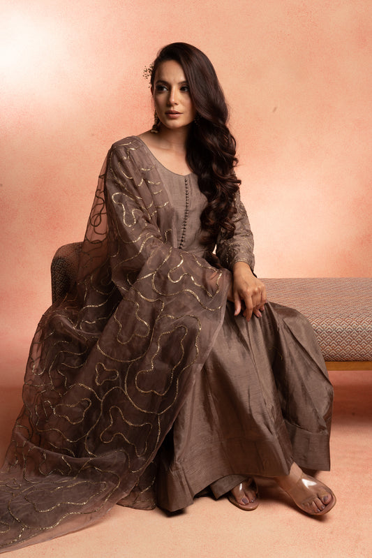 Steel Brown Anarkali Set