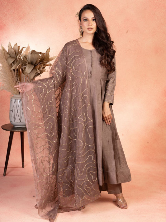 Steel Brown Anarkali Set