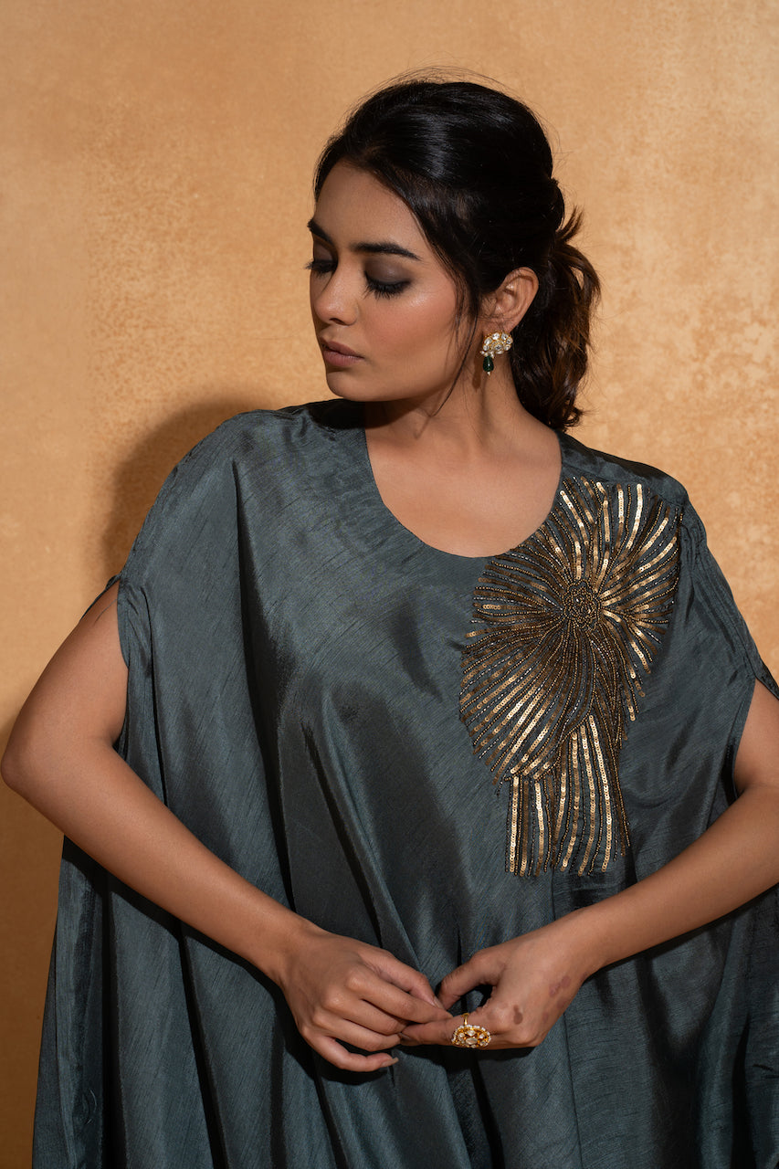 Steel Blue Side Embroidery Kaftan