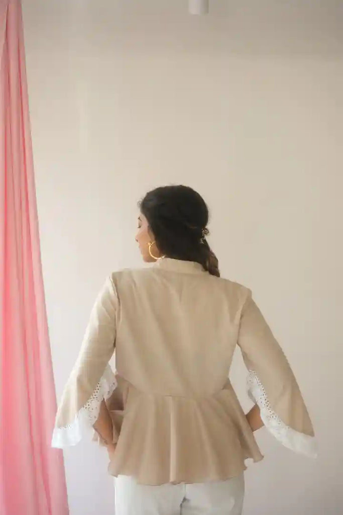 beige jacket with lace details