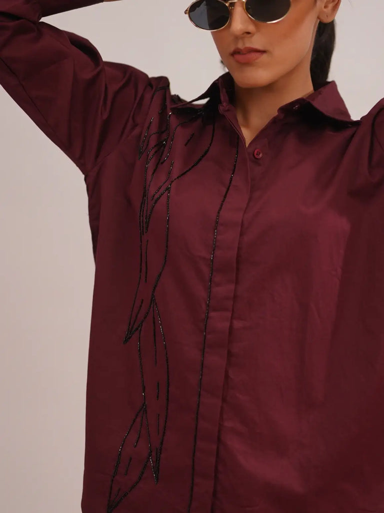 Maroon shirt with black embroidery for women